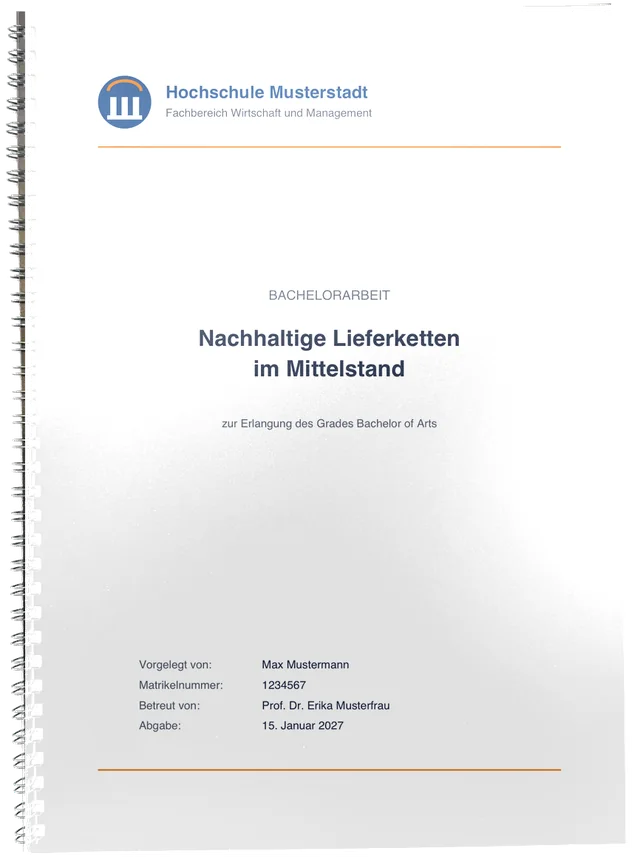 Spiralbindung, unter der Folie das Deckblatt einer Bachelorarbeit