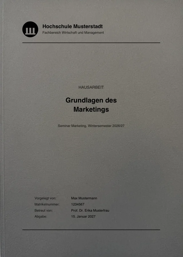 Softcover Vollkarton in Grau mit schwarz-weiß gedrucktem Deckblatt